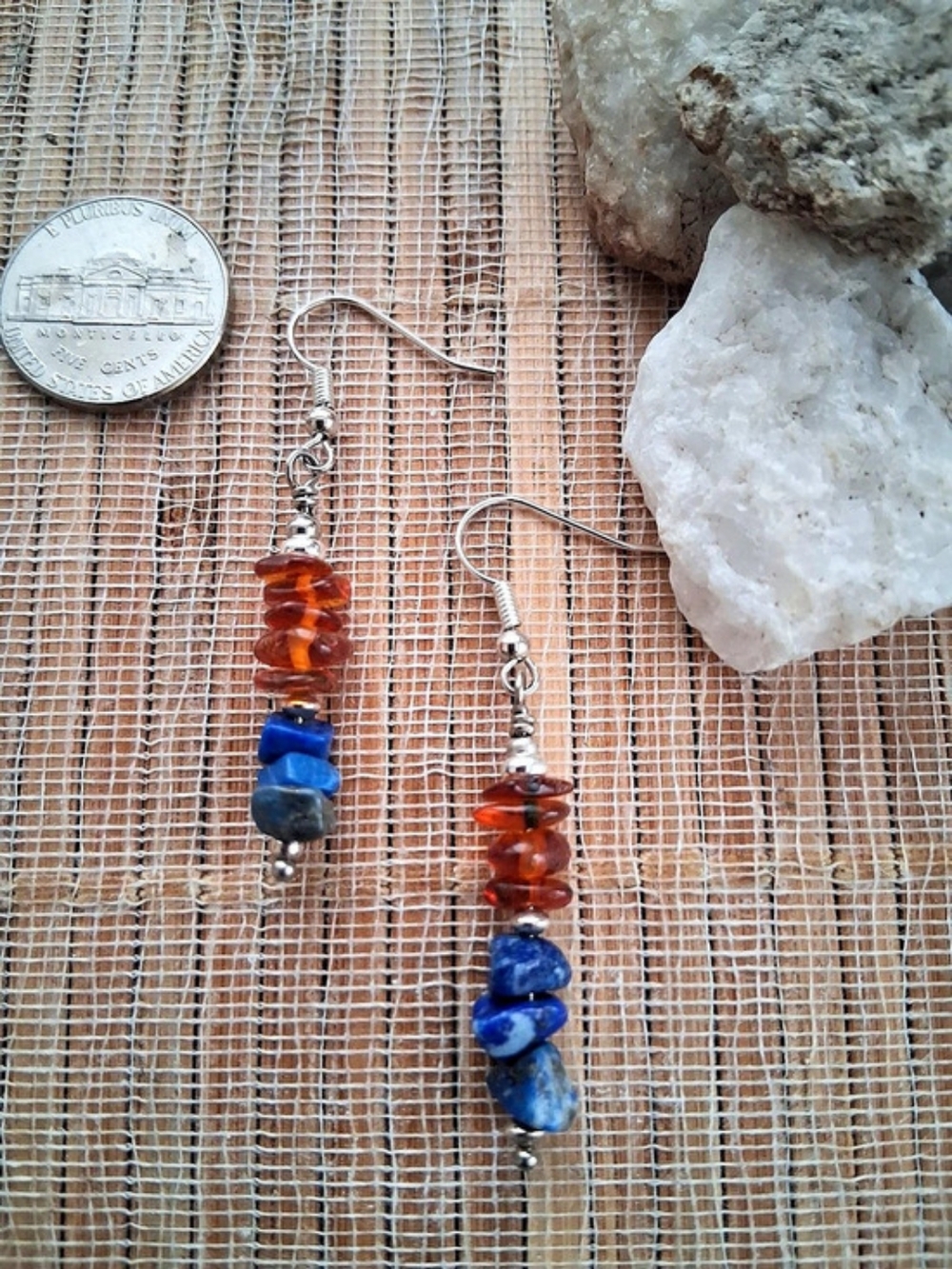 Amber And Lapis Lazuli Dangle Earrings